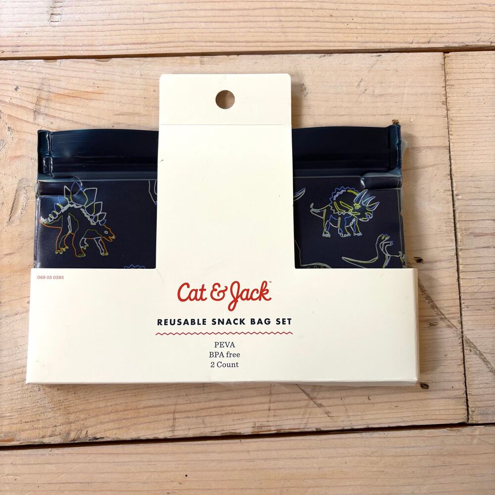 Cat & Jack NWT Reusable Snack Bags Set of 2 Green and Dinosaur Print